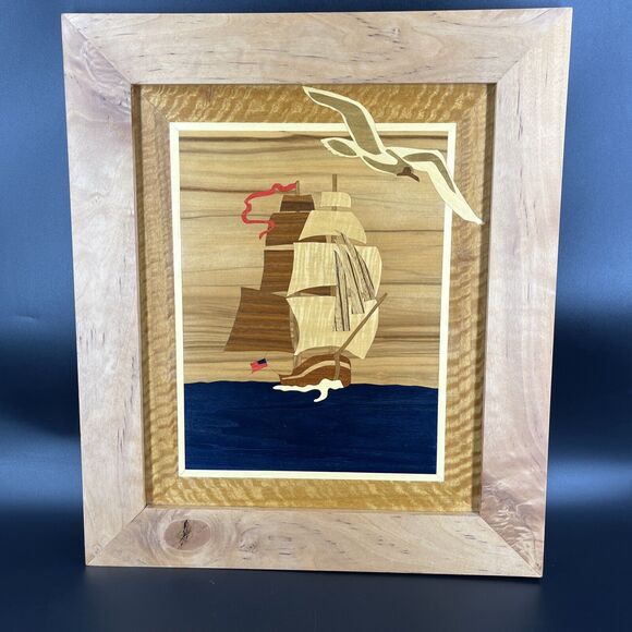Framed Wood Marquetry Picture Sailboat USA Flag Seagull Ocean Sea John Bieberly